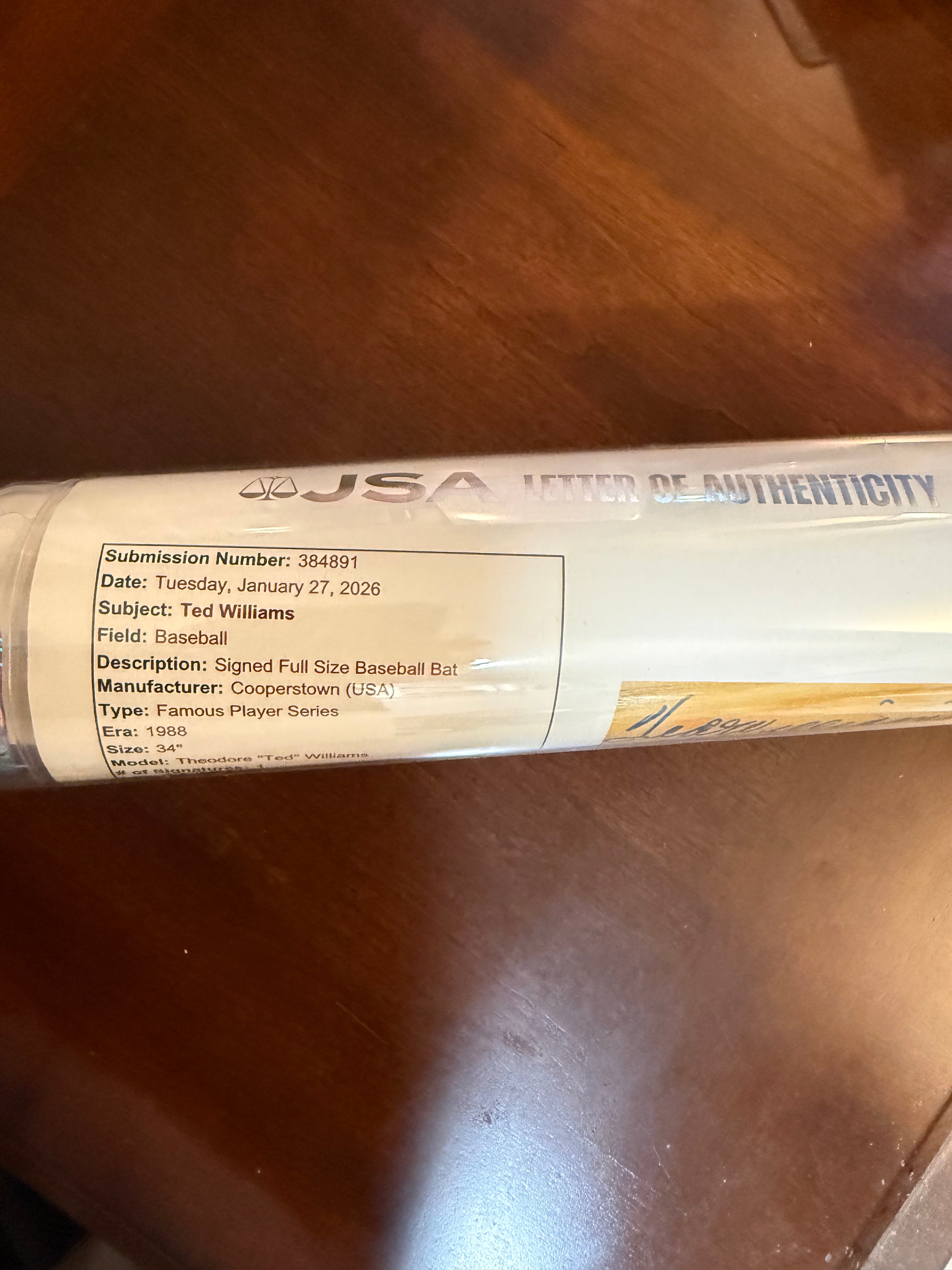 Cooperstown Famous Player Signed Bat Ted Williams JSA Authenticated