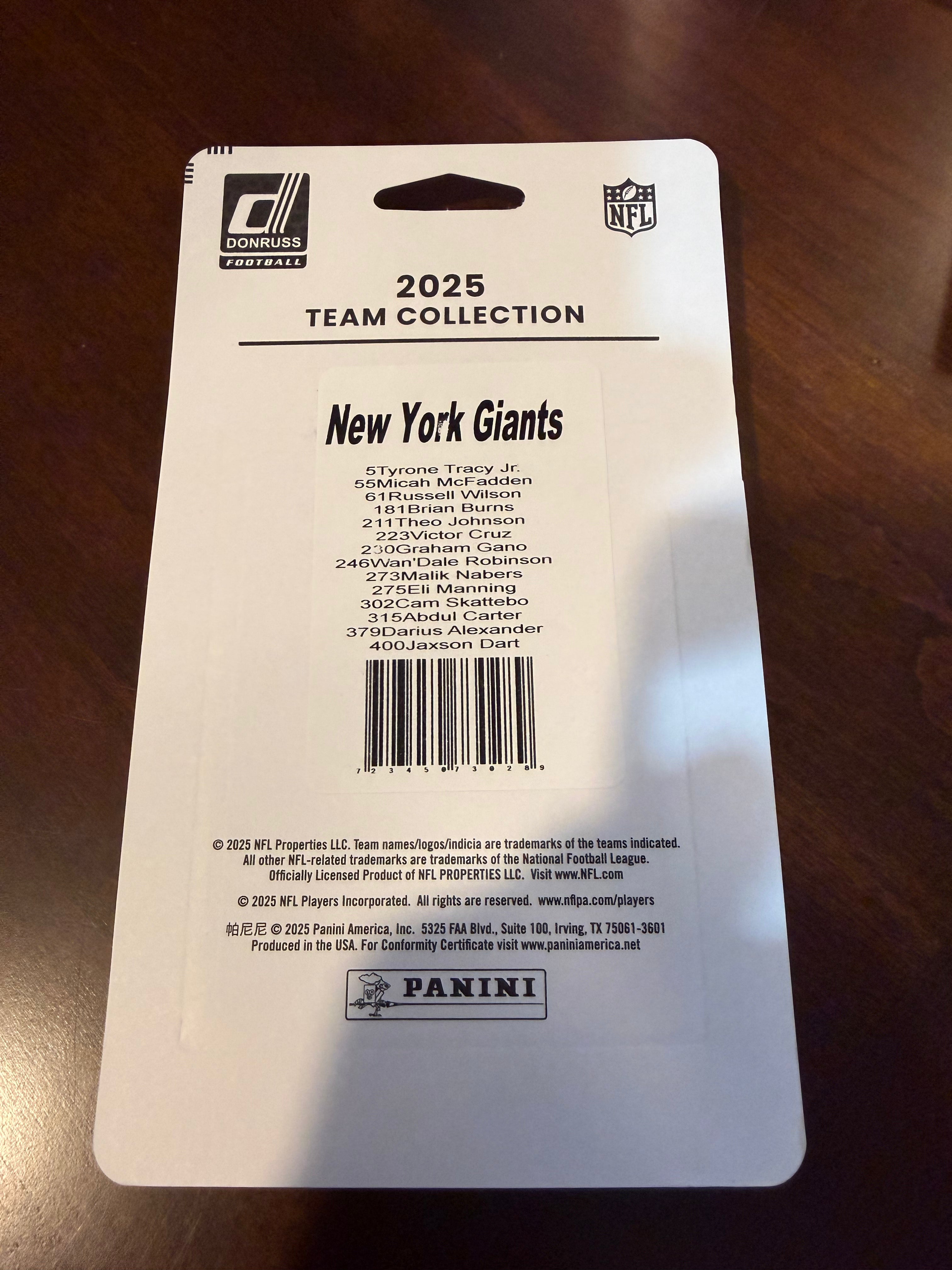 2025 Donruss NY Giants Factory Team Set - Jaxson Dart Rookie