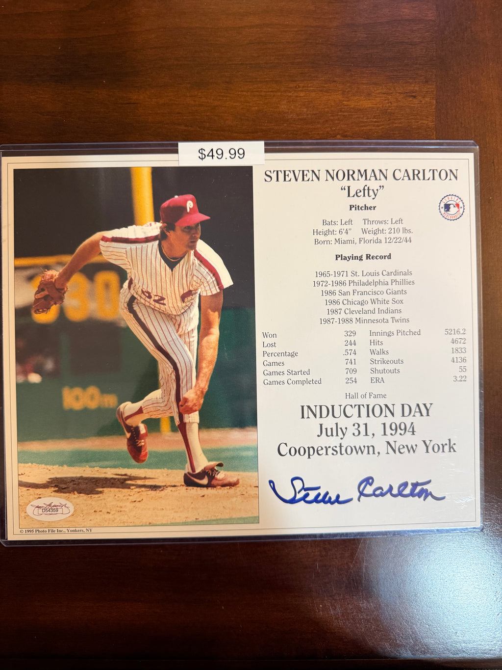 Steve Carlton Signed HOF Induction Day Card JSA Authenticated