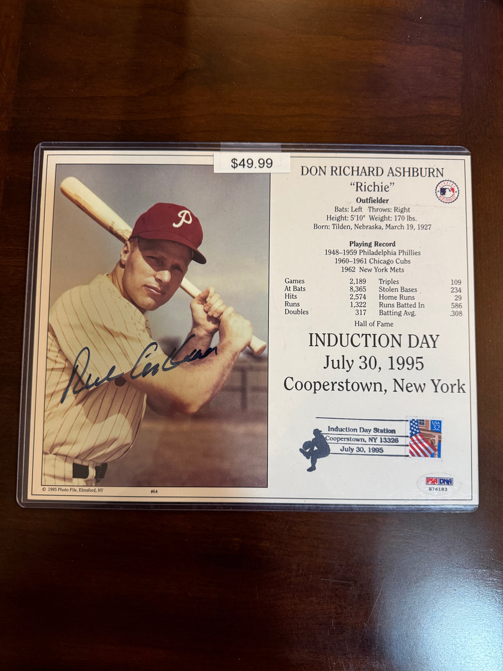 Richie Ashburn Signed HOF Induction Day Card PSA Authenticated