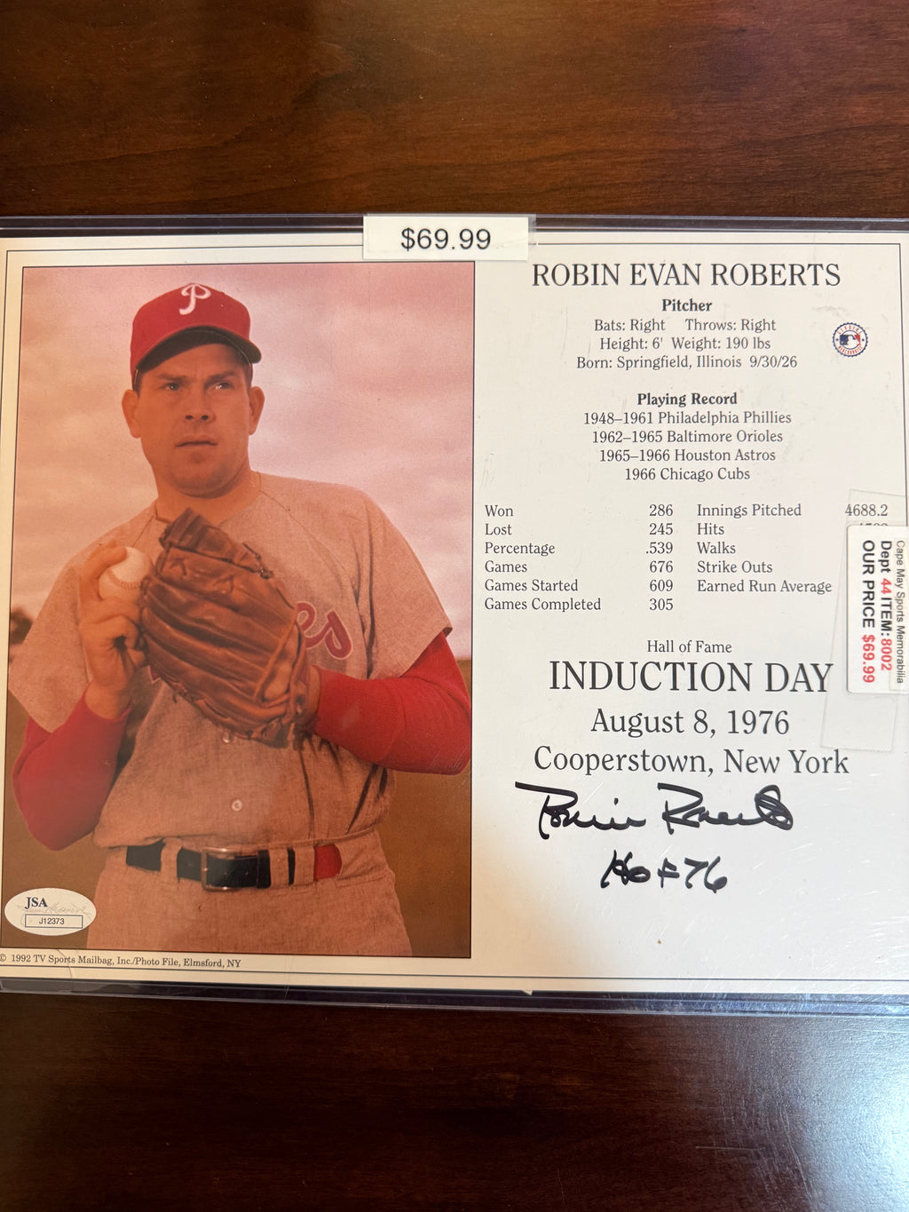Robin Roberts Signed HOF Induction Day Card inscribed "HOF76" JSA Authenticated