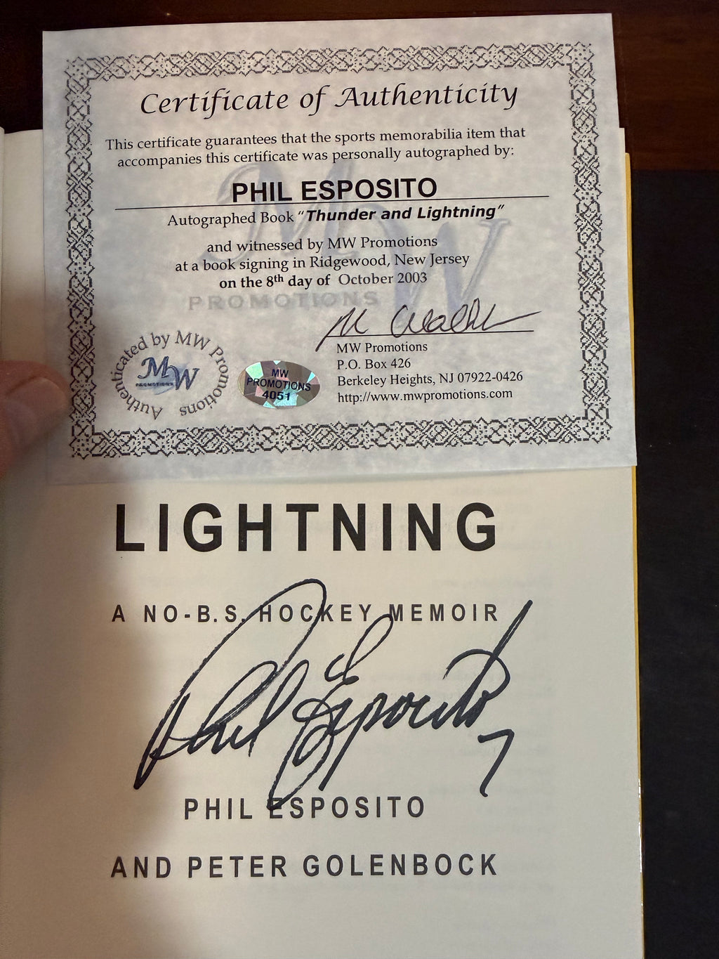 Phil Esposito "Thunder and Lightning" Signed Book - Cert MW Promotions