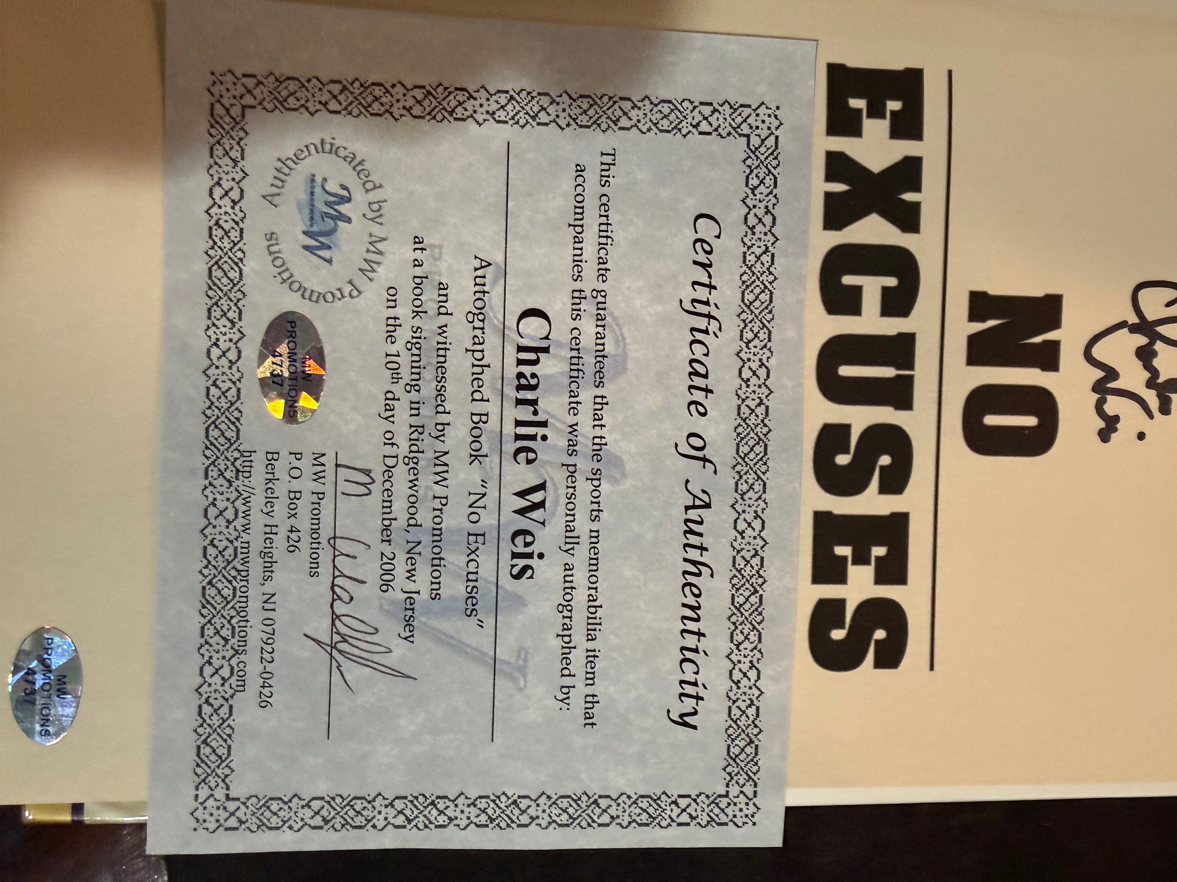 Charlie Weis "Notre Dame No Excuses" Signed Book - Cert MW Promotions