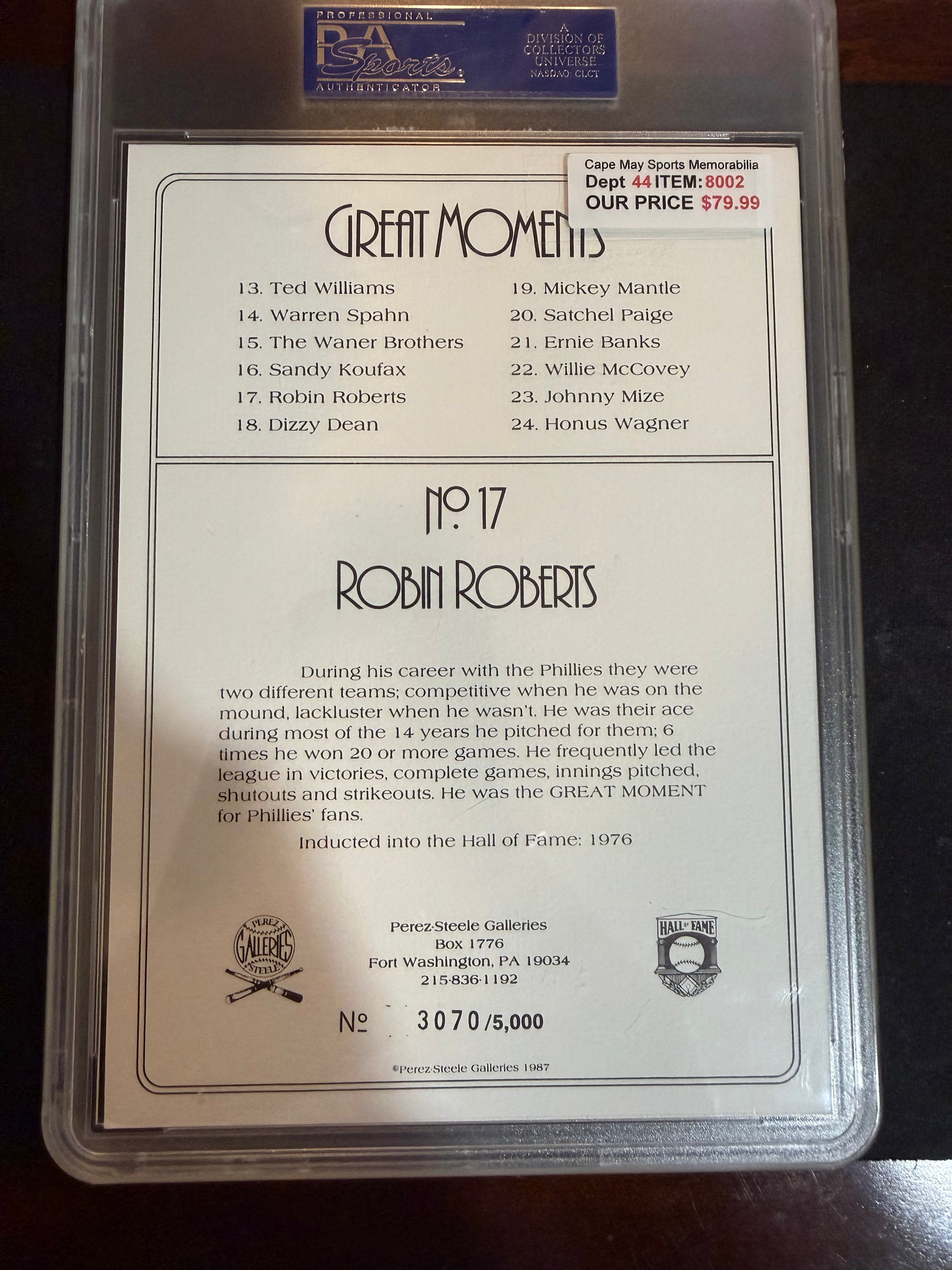 Robin Roberts Signed Perez-Steele Great Moments PSA Authenticated and Encapsulated