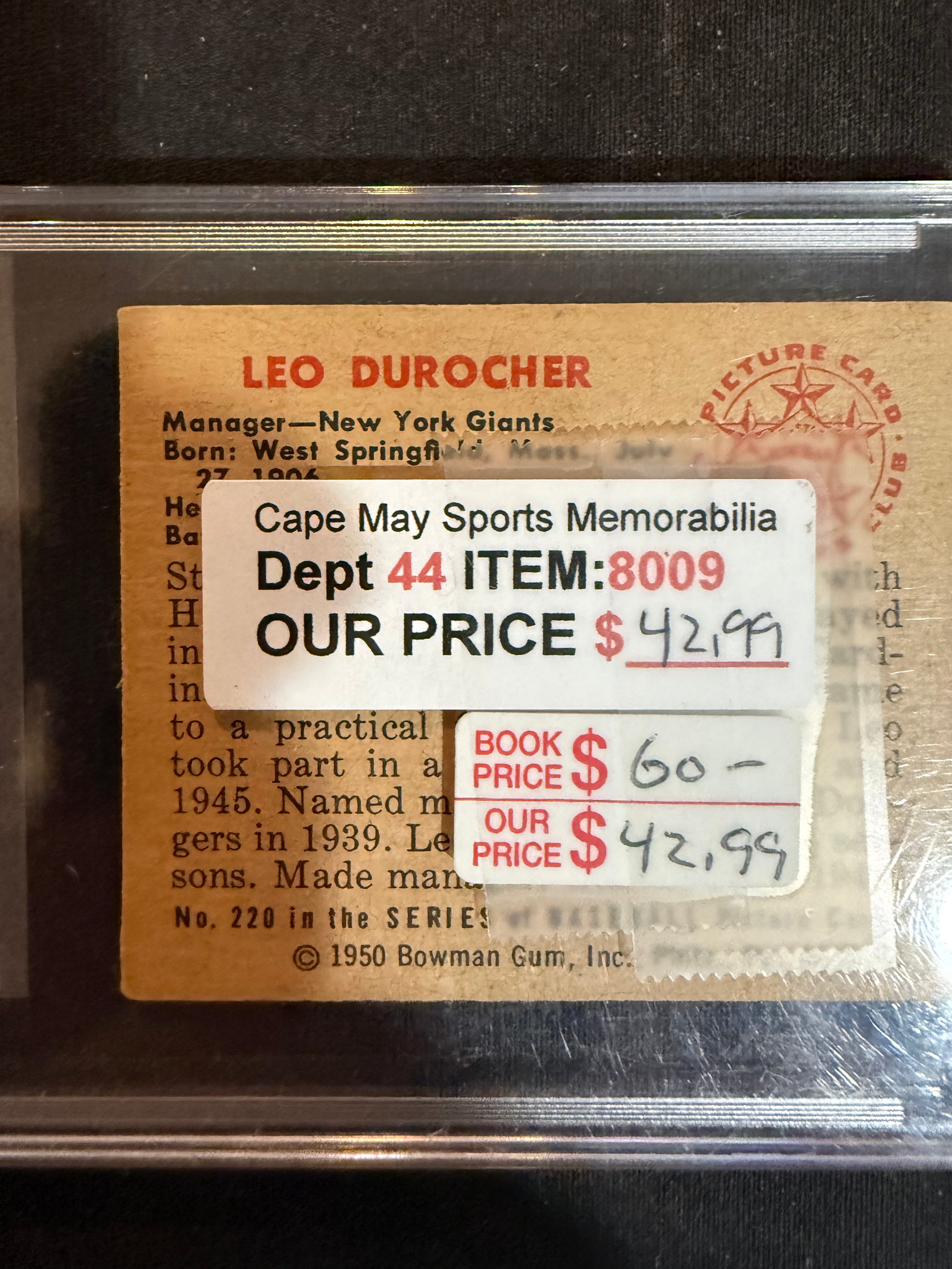 1950 Bowman 220 Leo Durocher NY Giants (Nice Card)