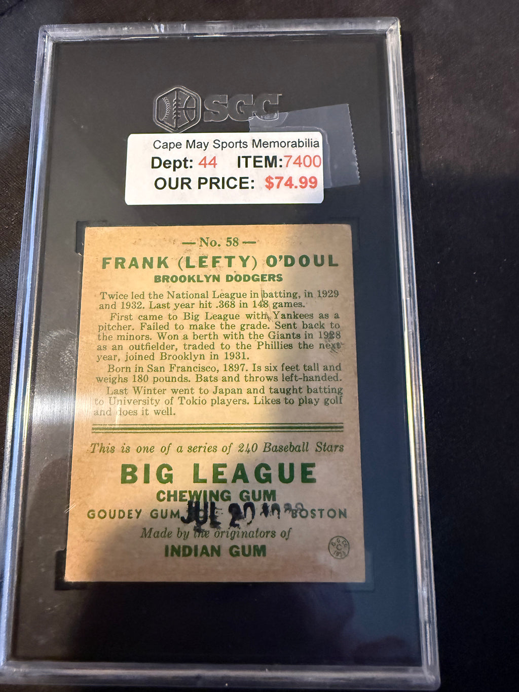 1933 Goudey 58 Lefty O'Doul (SGC 1.5)