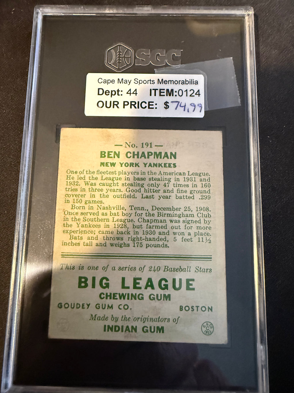 1933 Goudey 191 Ben Chapman (SGC 3.0) VG