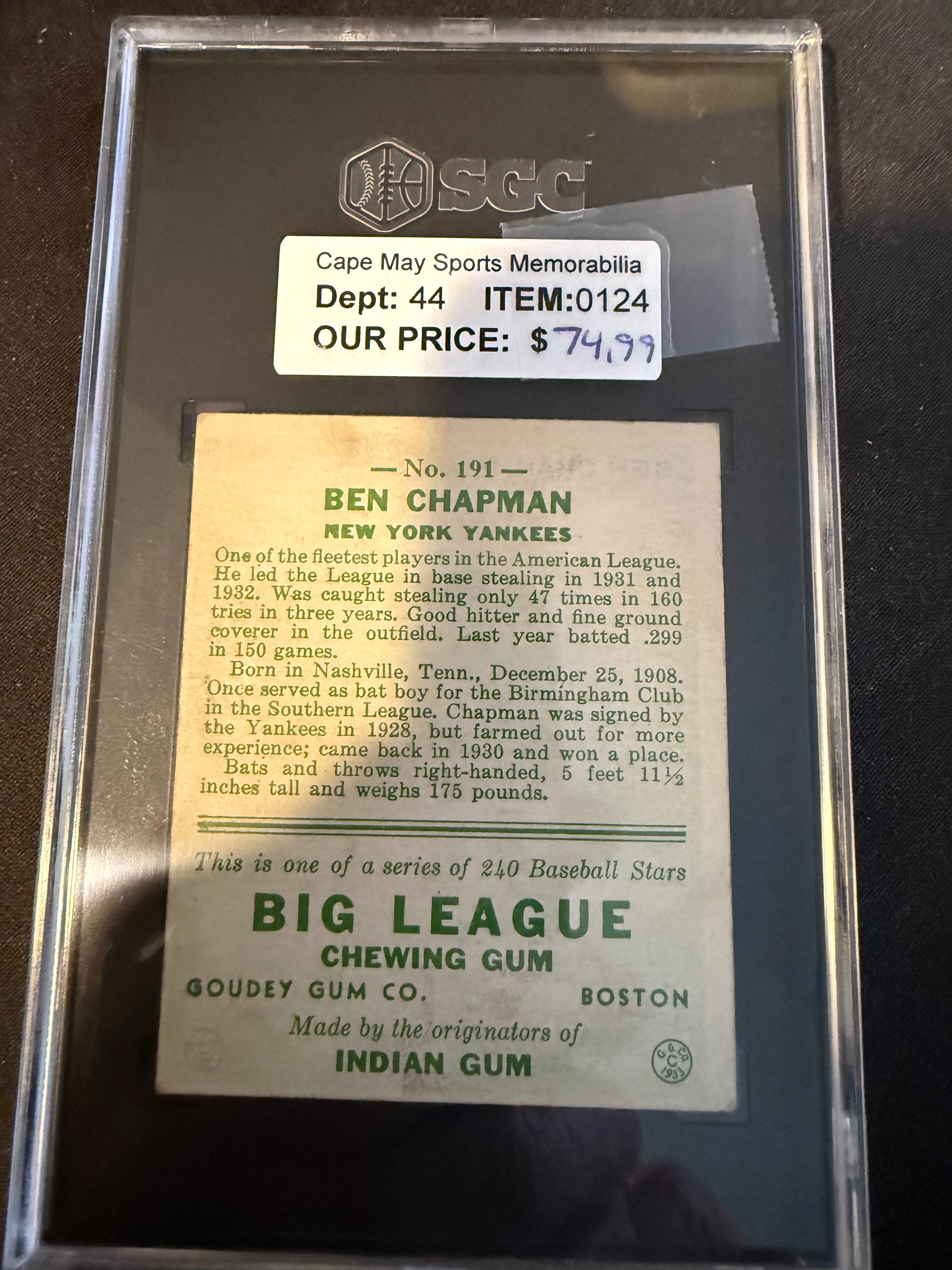 1933 Goudey 191 Ben Chapman (SGC 3.0) VG