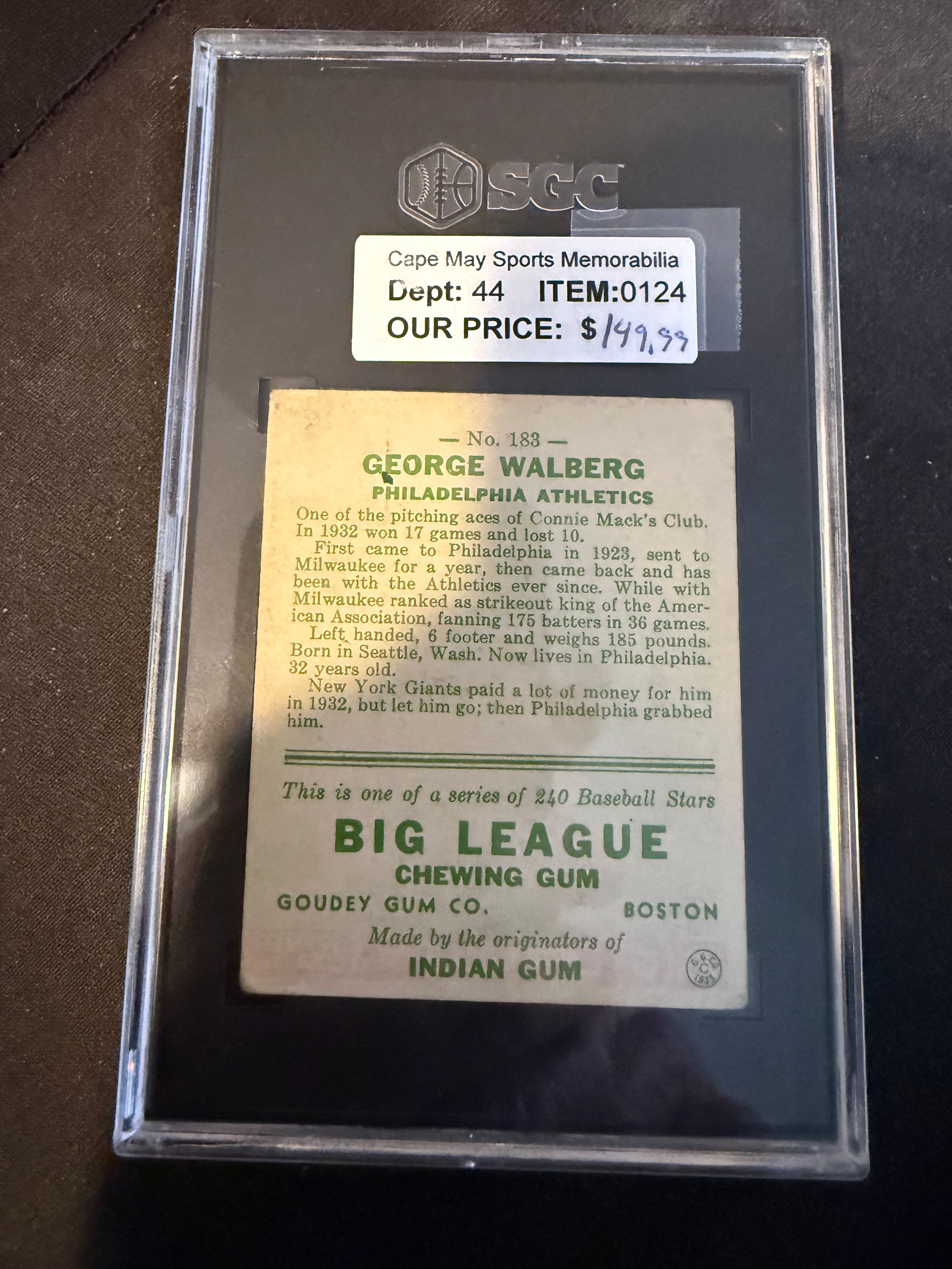 1933 Goudey 183 George Walberg (SGC 4.0) VG-EX