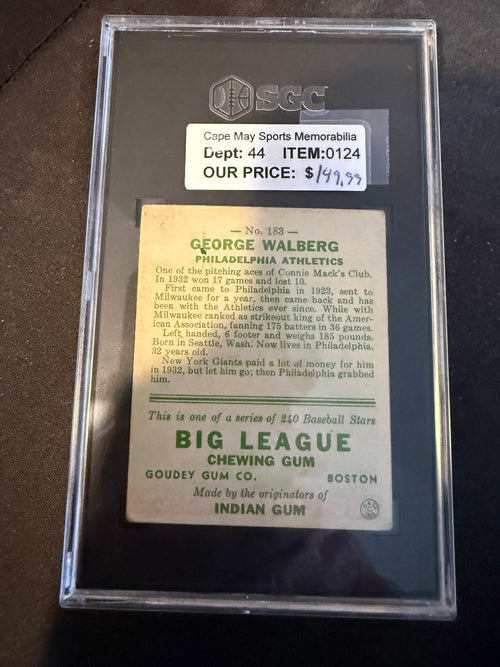 1933 Goudey 183 George Walberg (SGC 4.0) VG-EX