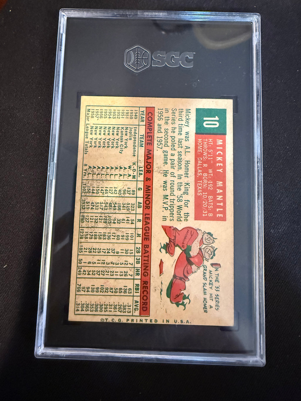 1959 Topps 10 Mickey Mantle SGC 4 VG-EX Nice Centering (Yankees)