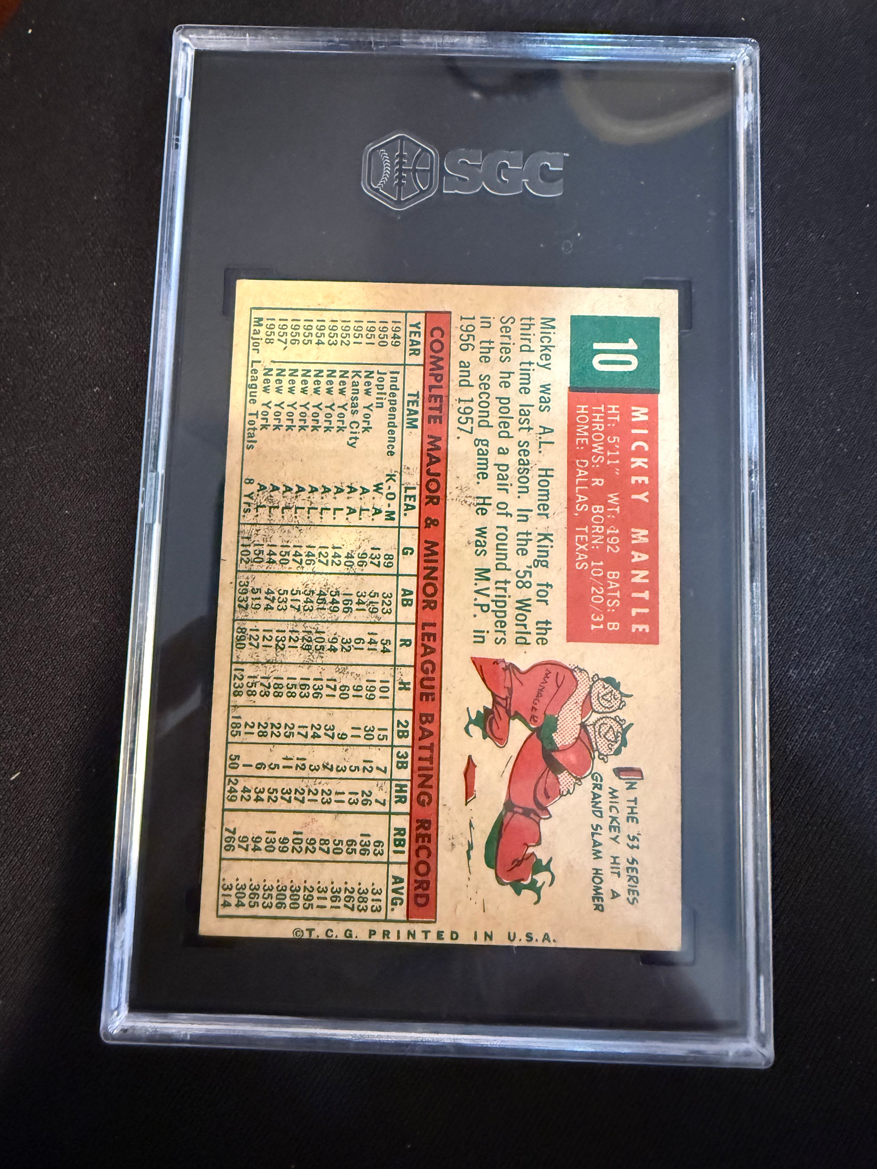 1959 Topps 10 Mickey Mantle SGC 4 VG-EX Nice Centering (Yankees)