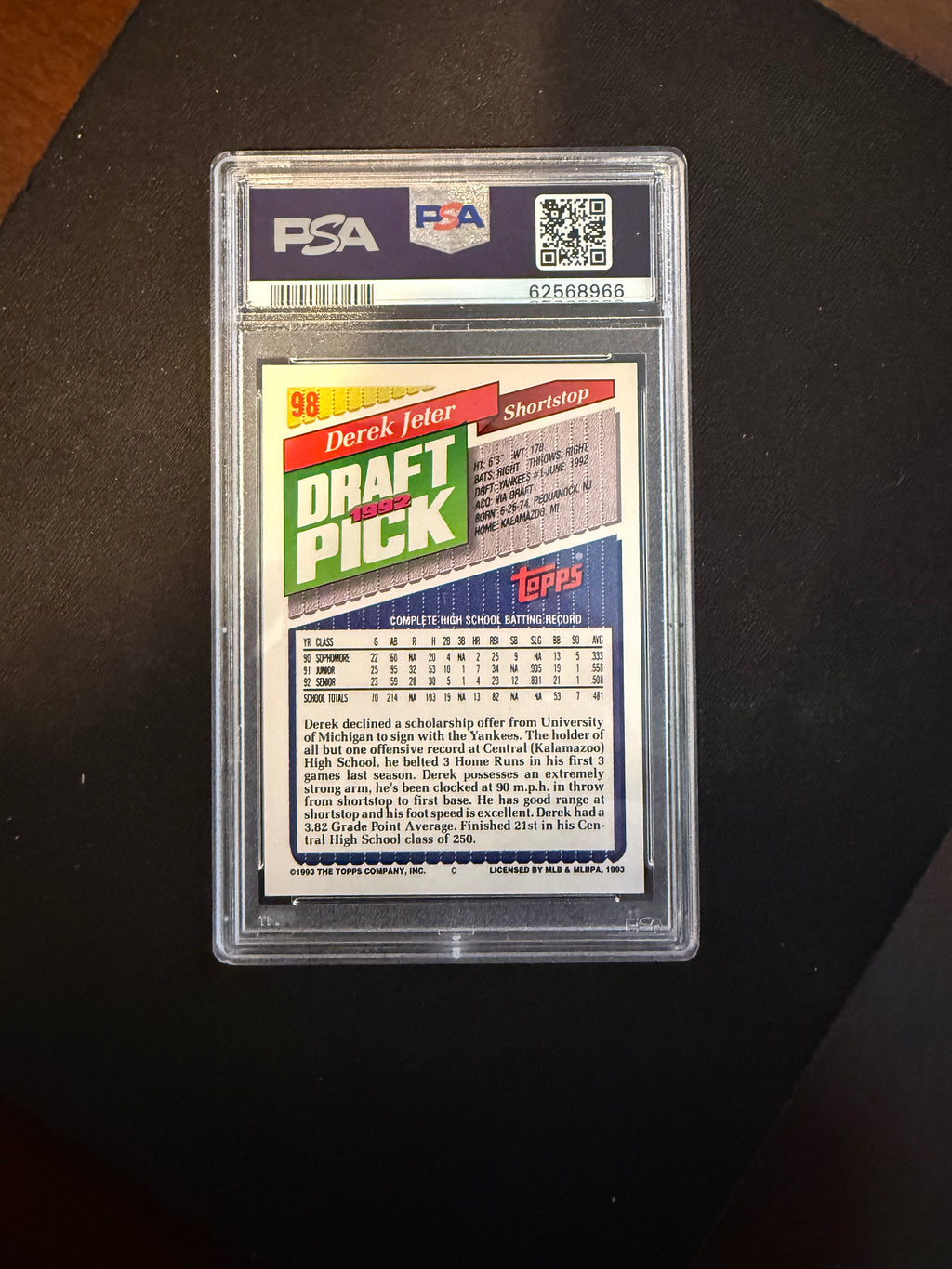 1993 Topps 98 Derek Jeter Rookie Gold Variation PSA 8 NM-MT (Yankees)