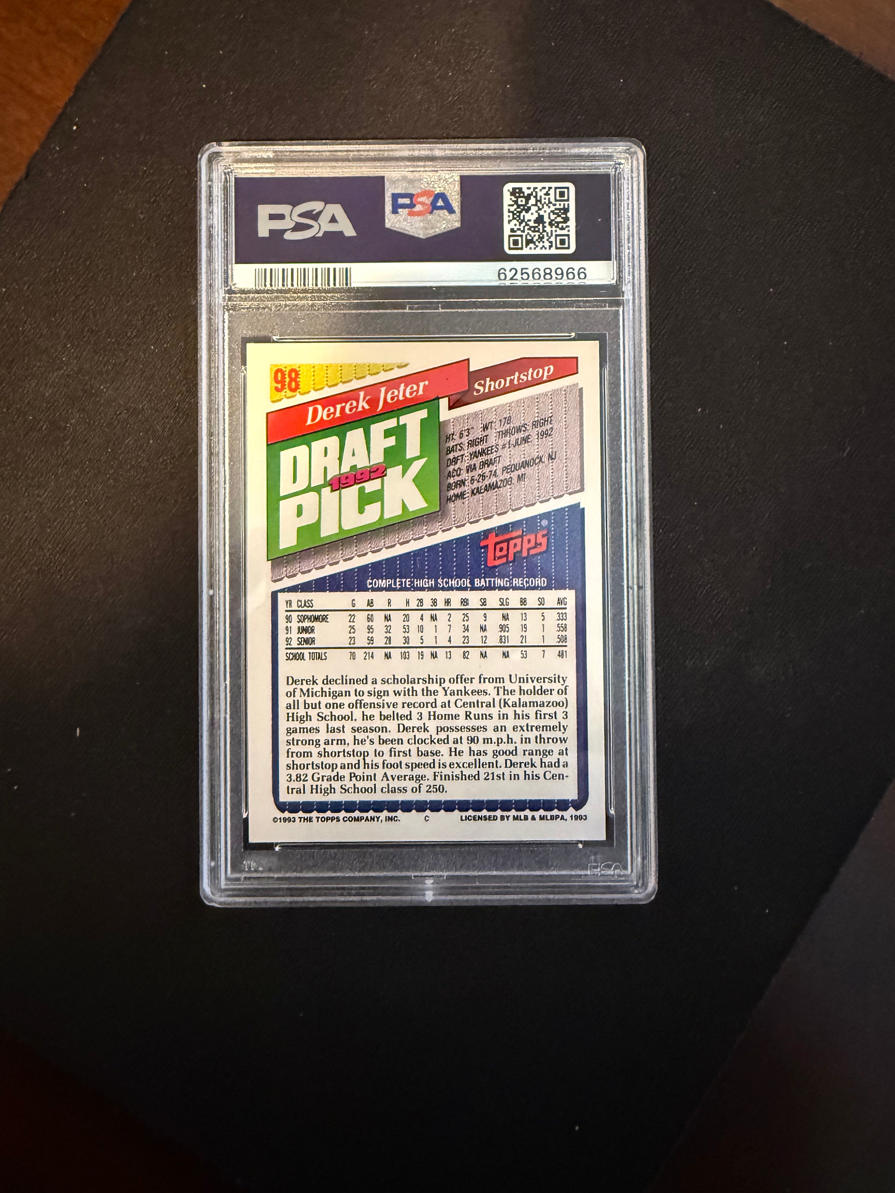 1993 Topps 98 Derek Jeter Rookie Gold Variation PSA 8 NM-MT (Yankees)