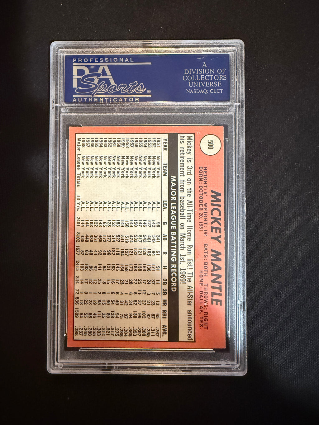 1969 Topps 500 Mickey Mantle name in yellow PSA 6 Nice Card (Yankees)