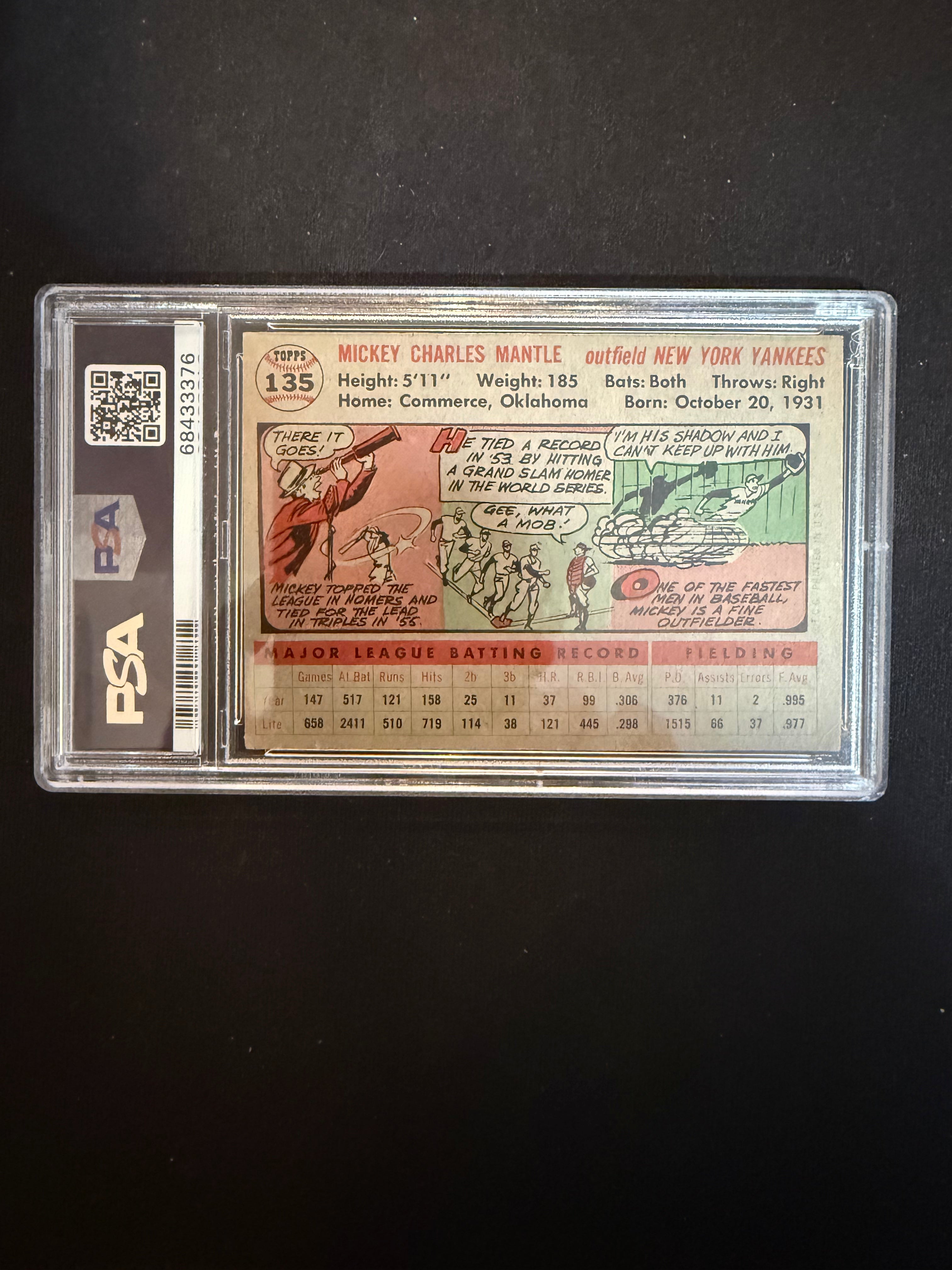 1956 Topps 135 Mickey Mantle Gray Back PSA 2 Centered Beauty (Yankees)