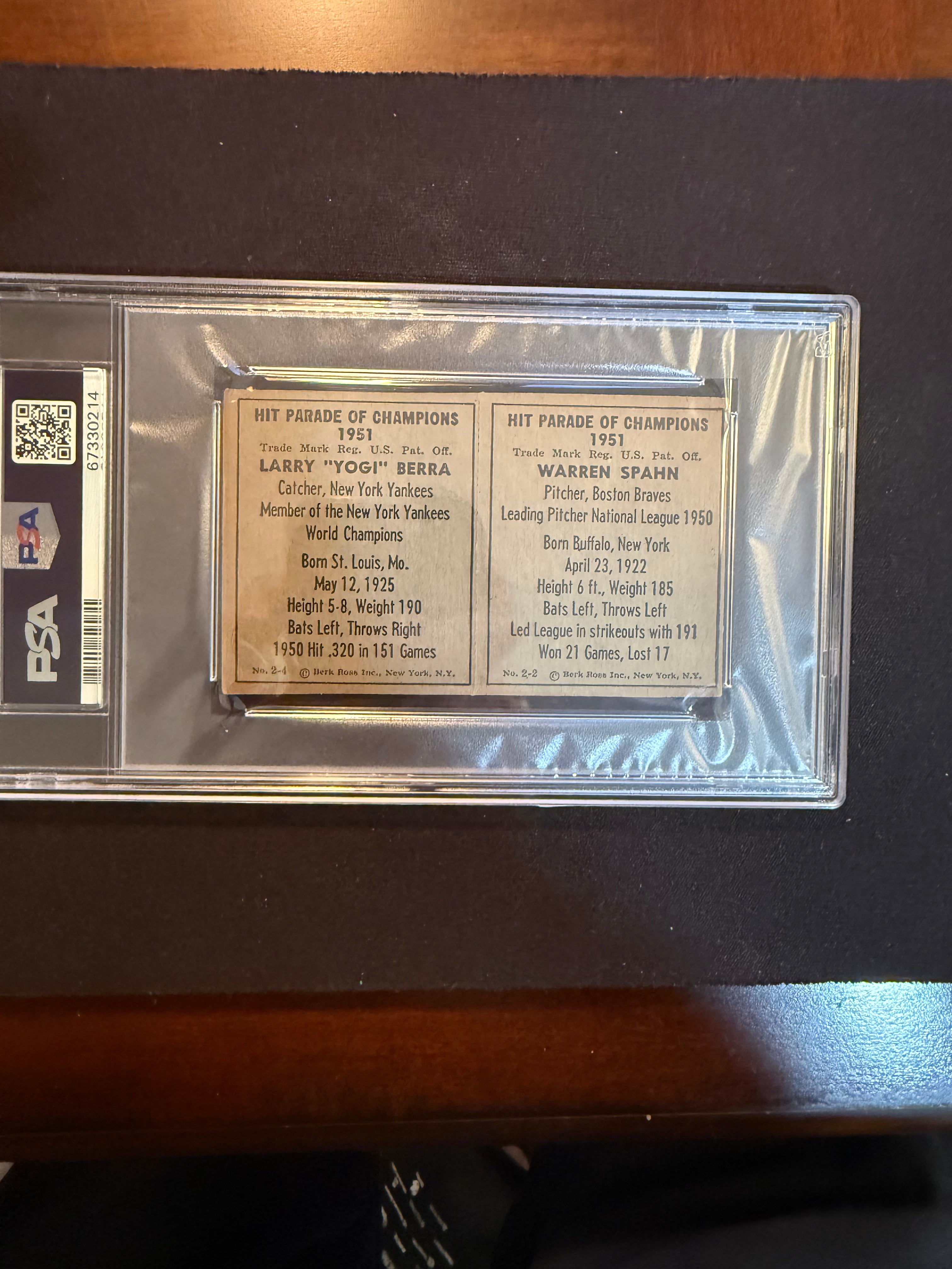 1951 Berk Ross Doubles #2-2 2-4 Warren Spahn / Yogi Berra PSA 5 EX (Yankees)