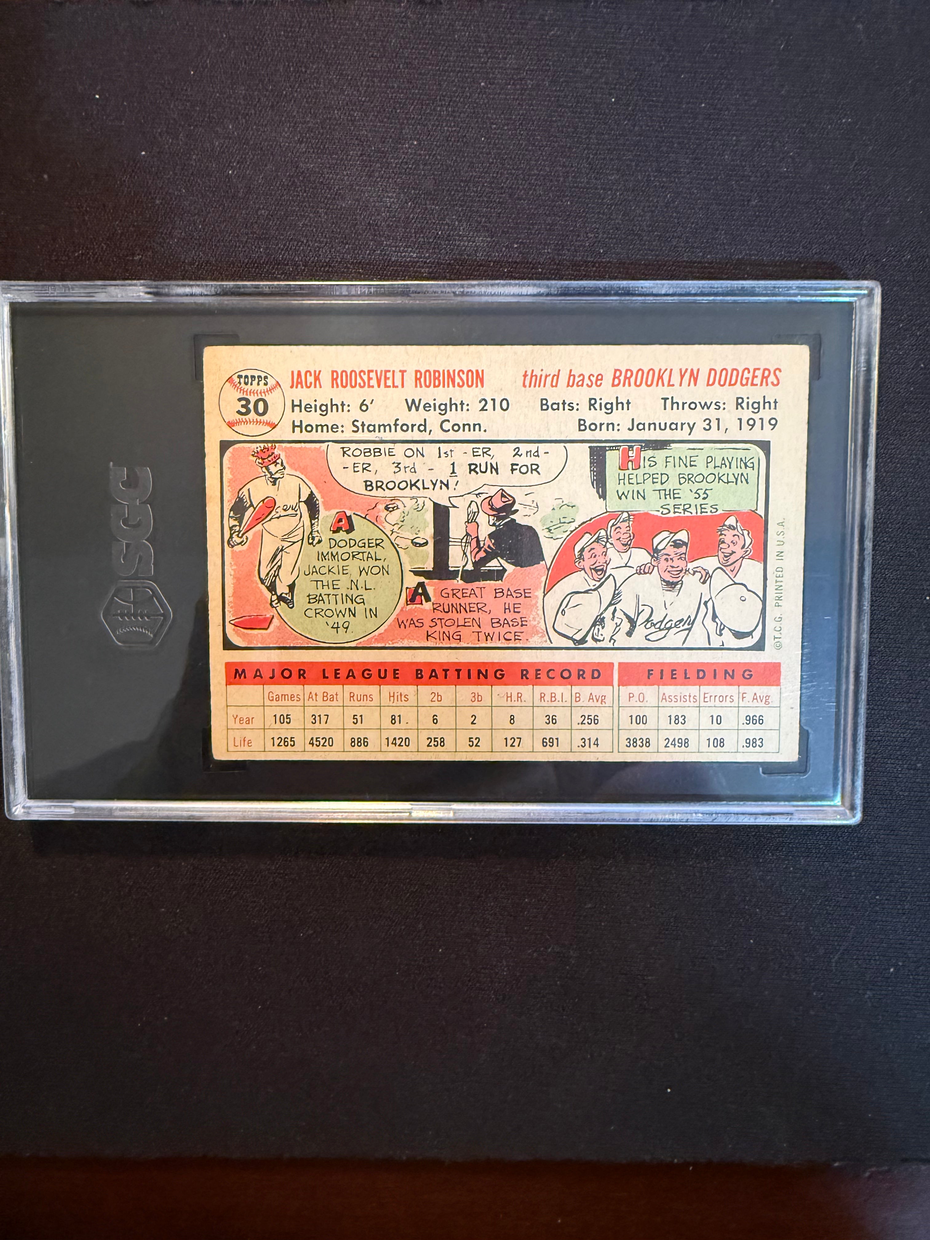 1956 Topps 30 Jackie Robinson SGC 4.5 VG-EX+ White Back (Dodgers)